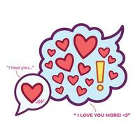 I love your more. Red hearts in cloud speech bubble colored vector illustration icon outlined isolated on white square background. Simple flat minimalist art styled cartoon drawing. Love expression.