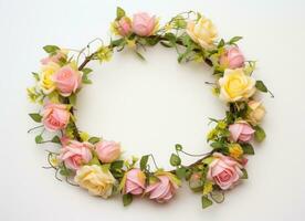 AI generated pink rose wreath with leaves photo