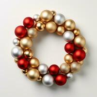 AI generated a red, gold and silver christmas wreath layered on top of a white surface photo