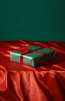 AI generated a gift box in the shape of a ribbon is on a red and black silk background photo