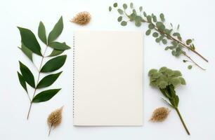 AI generated white background with empty notepad and green leaves around a white background photo