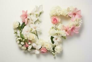 AI generated white and pink flowers arranged in an alphabet shape photo