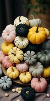 AI generated a group of colored pumpkins are sitting near each other photo