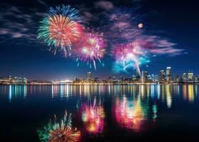 AI generated a big colorful fireworks light to the night photo