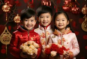 AI generated 3 kids in traditional and carrying the fortune cookie photo