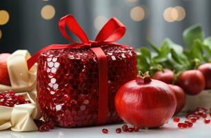 AI generated a basket of gifts and red bag with pomegranate photo