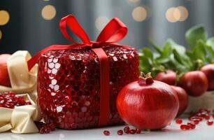 ai generado un cesta de regalos y rojo bolso con granada foto