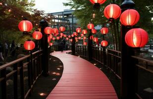 AI generated a beautiful corridor with red and light red lanterns photo