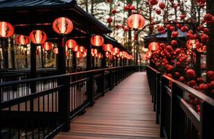 AI generated a beautiful corridor with red and light red lanterns photo