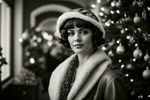 AI generated Retro Festivity 1920s Fashion Amidst a Christmas Tree Generative by AI photo