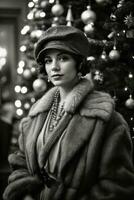ai generado retro festividad 1920 Moda en medio de un Navidad árbol generativo por ai foto
