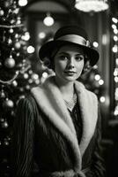 AI generated Retro Festivity 1920s Fashion Amidst a Christmas Tree Generative by AI photo