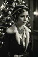 AI generated Retro Festivity 1920s Fashion Amidst a Christmas Tree Generative by AI photo