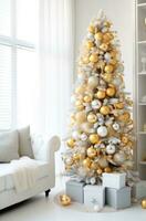 AI generated gold disco balls on a white christmas tree photo