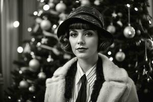 AI generated Retro Festivity 1920s Fashion Amidst a Christmas Tree photo
