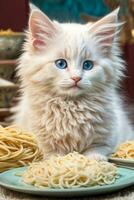 AI generated A cute White kitten sits at a table with a plate of spaghetti, in a cozy Generative by AI photo