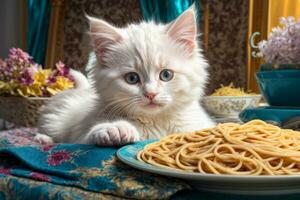 AI generated A cute White kitten sits at a table with a plate of spaghetti, in a cozy Generative by AI photo