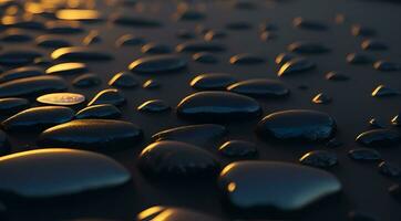 AI generated Smooth stones in a line on a beach at sunset with reflections vibrant sky colors Generative by AI photo