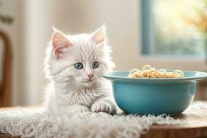 AI generated A cute White kitten sits at a table with a plate of spaghetti, in a cozy Generative by AI photo