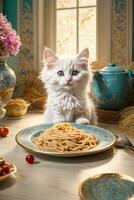 AI generated A cute White kitten sits at a table with a plate of spaghetti, in a cozy Generative by AI photo