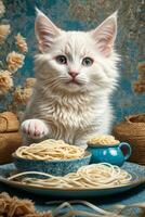 AI generated A cute White kitten sits at a table with a plate of spaghetti, in a cozy Generative by AI photo