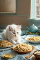 AI generated A cute White kitten sits at a table with a plate of spaghetti, in a cozy Generative by AI photo
