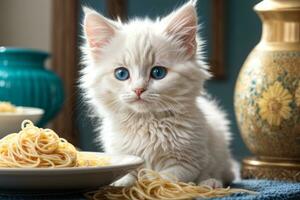 AI generated A cute White kitten sits at a table with a plate of spaghetti, in a cozy Generative by AI photo