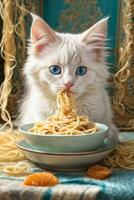 AI generated A cute White kitten sits at a table with a plate of spaghetti, in a cozy Generative by AI photo