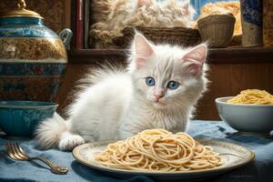 AI generated A cute White kitten sits at a table with a plate of spaghetti, in a cozy Generative by AI photo