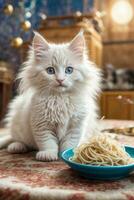 AI generated A cute White kitten sits at a table with a plate of spaghetti, in a cozy Generative by AI photo