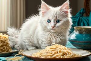 AI generated A cute White kitten sits at a table with a plate of spaghetti, in a cozy Generative by AI photo