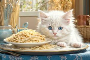 AI generated A cute White kitten sits at a table with a plate of spaghetti, in a cozy Generative by AI photo