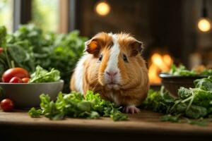 ai generado Guinea cerdo en medio de Fresco vegetales en un de madera mesa con suave Encendiendo generativo por ai foto