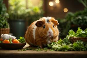 ai generado Guinea cerdo en medio de Fresco vegetales en un de madera mesa con suave Encendiendo generativo por ai foto