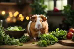 ai generado Guinea cerdo en medio de Fresco vegetales en un de madera mesa con suave Encendiendo generativo por ai foto