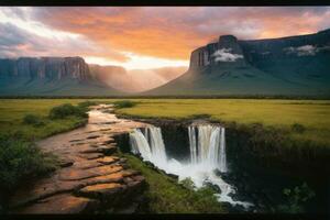 AI generated Majestic waterfalls cascading surrounded by lush cliffs and greenery Generative by AI photo