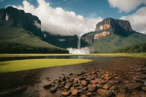 AI generated Majestic waterfalls cascading surrounded by lush cliffs and greenery Generative by AI photo