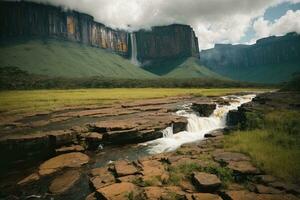 AI generated Majestic waterfalls cascading surrounded by lush cliffs and greenery Generative by AI photo