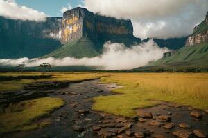 AI generated Majestic waterfalls cascading surrounded by lush cliffs and greenery Generative by AI photo