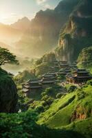 AI generated Majestic sunrise over terraced rice fields nestled among lush green hills Generated by AI photo