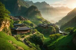 AI generated Majestic sunrise over terraced rice fields nestled among lush green hills Generated by AI photo