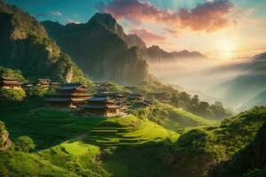 AI generated Majestic sunrise over terraced rice fields nestled among lush green hills Generated by AI photo