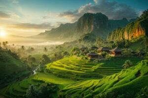 ai generado majestuoso amanecer terminado aterrazado arroz campos anidado entre lozano verde colinas generado por ai foto