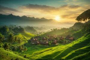 AI generated Majestic sunrise over terraced rice fields nestled among lush green hills Generated by AI photo