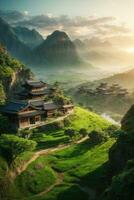 AI generated Majestic sunrise over terraced rice fields nestled among lush green hills Generated by AI photo