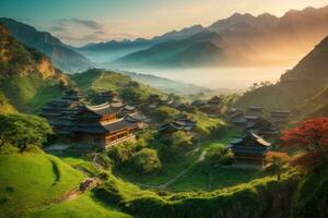 AI generated Majestic sunrise over terraced rice fields nestled among lush green hills Generated by AI photo