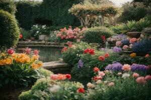 ai generado tranquilo jardín escena con un variedad de vistoso flores en floración generativo por ai foto