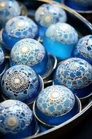 AI generated a tray of blue and silver metal ornaments photo