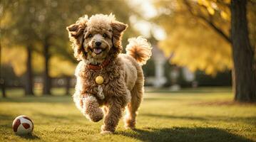 AI generated Joyful dog running towards the camera in a sunny park with a ball lying Generative by AI photo