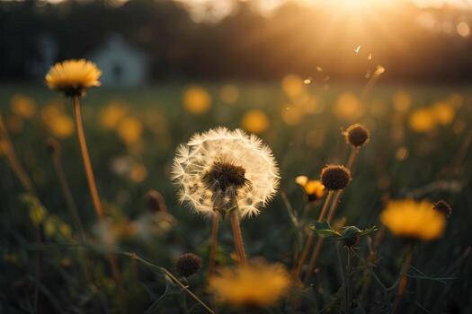 AI generated Dandelion seed head backlit by the setting sun, with a warm golden hour glow Generative by AI photo